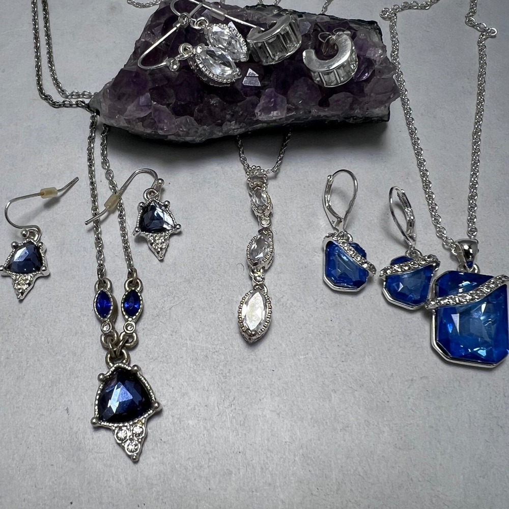Blue and‎ Clear Silver Tone Jewelry 3 Necklaces 4 Pairs Earrings Set  Coquette